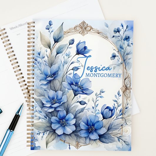 Sophisticated  Serene Blue Blossoms Planner