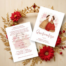 Sophisticated Spanish Red & Gold Quinceañera Twins Kaart