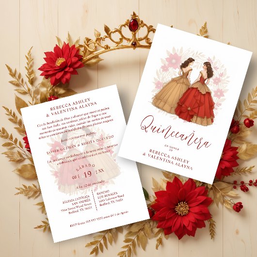 Sophisticated Spanish Red & Gold Quinceañera Twins Kaart