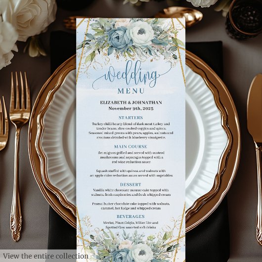 Sophisticated Stofblauwe Eucalyptus Trouwmenu Menu