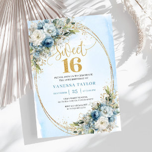 Sophisticated Stofblauwe Gouden Sweet Sixteen Uitn Kaart