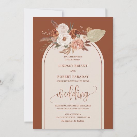 Sophisticated Terracotta Pampas Grass Boho Wedding Kaart (Voorkant)