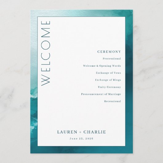 Sophisticated Turquoise Aquarel Ceremonie Schema Programmakaart (Voorkant)