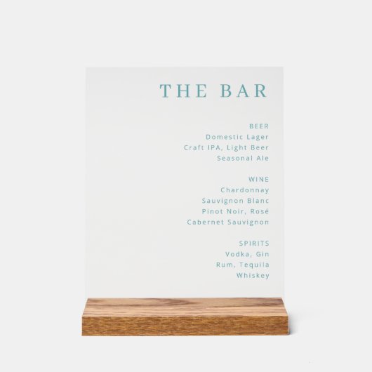 Sophisticated Turquoise Minimalistische Bar Menu Acryl Bord (Voorkant)