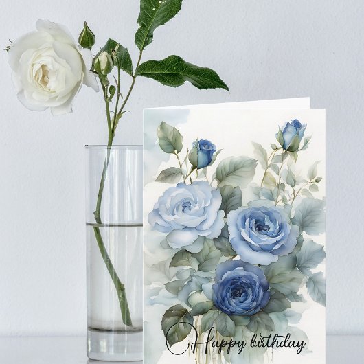 Sophisticated Waterverf Blue Rozen Happy Birthday Kaart
