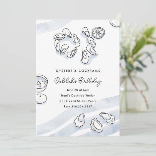 Sophisticated Waterverf Ink Oesters en Cocktails Kaart (Staand voorkant)