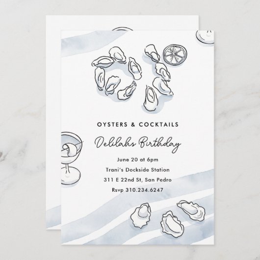 Sophisticated Waterverf Ink Oesters en Cocktails Kaart (Voorkant / Achterkant)