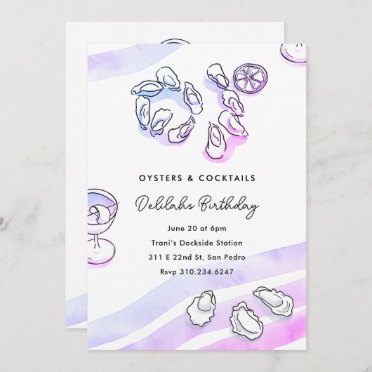 Sophisticated Waterverf Ink Oesters en Cocktails Kaart (Voorkant / Achterkant)