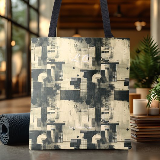 Sophisticated Zwart en Beige Abstract Personaliser Tote Bag