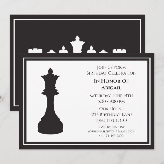 Sophisticated Zwart en Wit Schaakstuk Verjaardag Kaart (Voorkant / Achterkant)