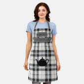 Sophisticated Zwart Wit Plaid met Theepot Motief Schort (Gedragen)