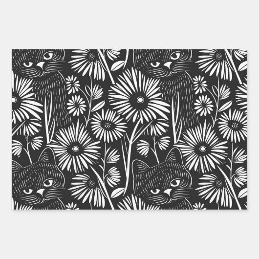 Sophisticated zwarte kat plat lijn ontwerp inpakpapier vel (Voorkant 3)