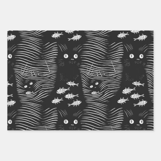 Sophisticated zwarte kat plat lijn ontwerp inpakpapier vel (Voorkant)