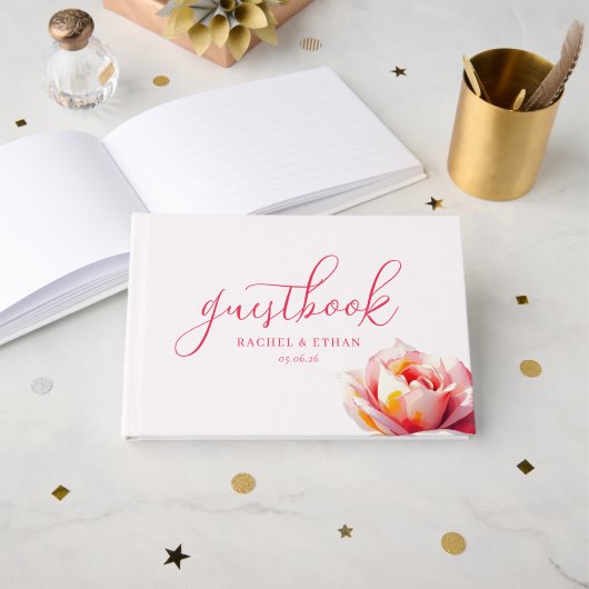 Sophisticatede Koraalroos Illustratie Gastenboek (Voorkant open)