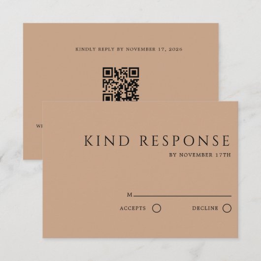 Sophisticeerde bruine QR-code elegante bruiloft RSVP Kaartje (Voorkant / Achterkant)