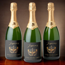 Sophistische zwarte en gouden masqueradeviering sparkling wijnetiket