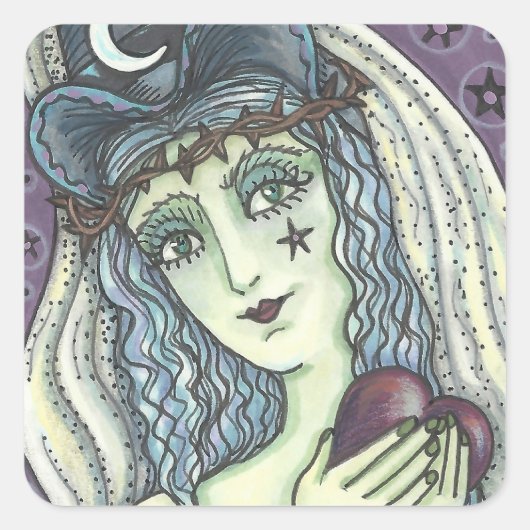 SORCERESS, GOTHIC WITCH HART STICKERS Vierkant BLA (Voorkant)
