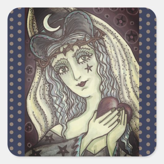 SORCERESS, GOTHIC WITCH HART STICKERS Vierkant BLA (Voorkant)