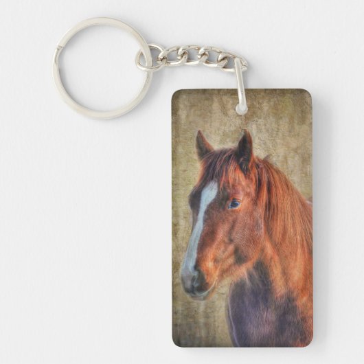 Sorrel Horse Portret op Rustic Grunge-effect Sleutelhanger (Voorkant)