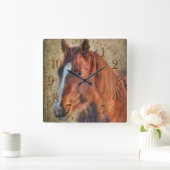 Sorrel Horse Portret op Rustic Grunge-effect Vierkante Klok (Huis)