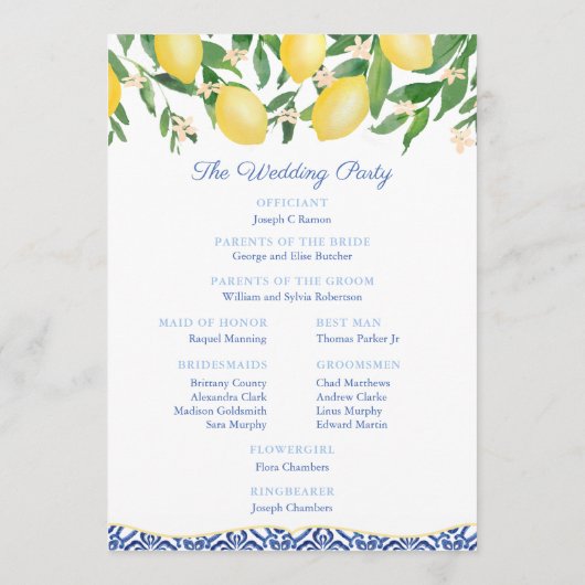 Sorrento Lemons Blauw Italiaans Tegels Bruiloft Programmakaart (Achterkant)