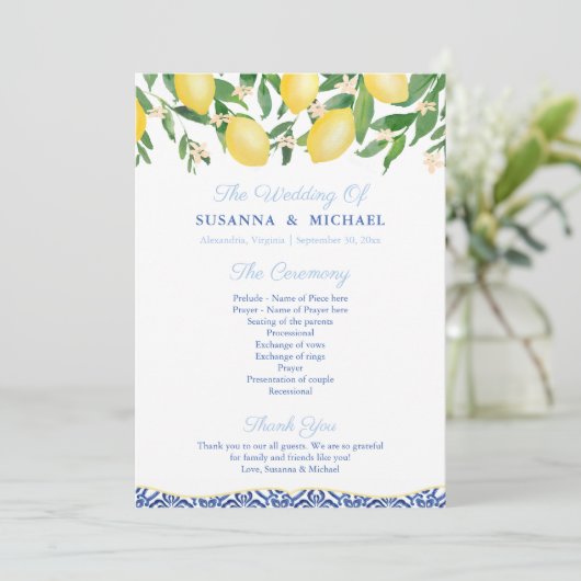 Sorrento Lemons Blauw Italiaans Tegels Bruiloft Programmakaart (Staand voorkant)