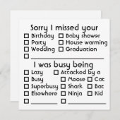 ! Sorry dat ik je [insert event] gemist heb Feestdagenkaart (Voorkant / Achterkant)