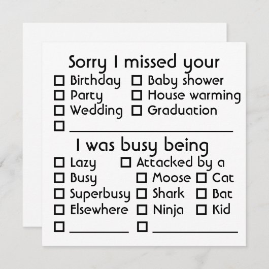 ! Sorry dat ik je [insert event] gemist heb Feestdagenkaart (Voorkant / Achterkant)