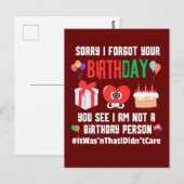 Sorry, verjaardag vergeten, geen verjaardagsmens   briefkaart (Voorkant / Achterkant)