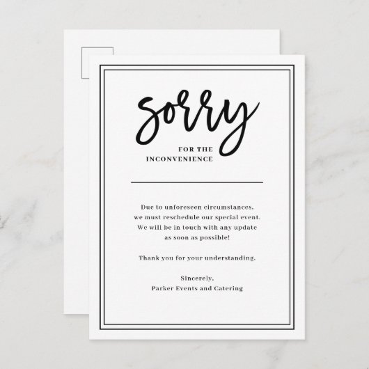 Sorry voor het ongemak | Annulering of uitstel Aankondigingskaart (Voorkant / Achterkant)