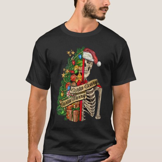 Sorta Merry Sorta Scary Retro Skeleton Kerstmis H T-shirt (Voorkant)