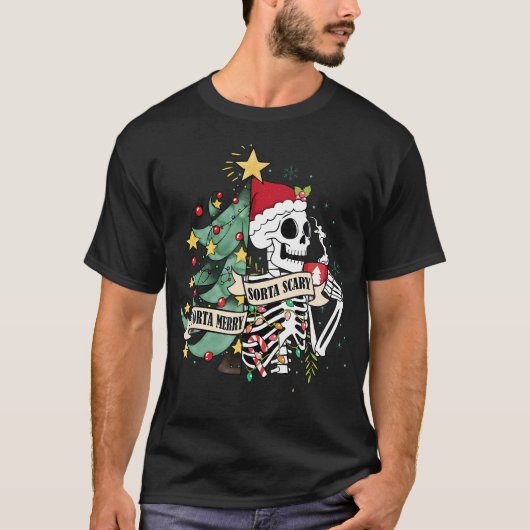 Sorta Merry Sorta Scary Skeleton Hot Cocoa Kerst T-shirt (Voorkant)
