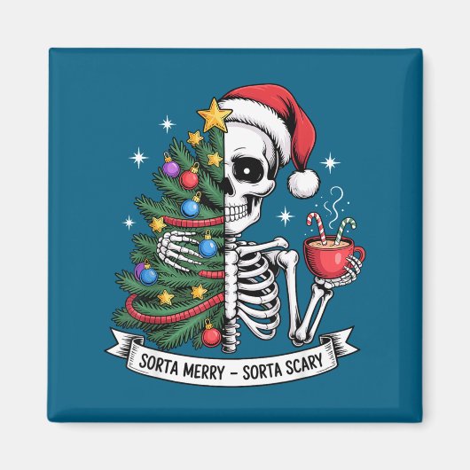 Sorta Merry Sorta Y Santa Skeleton Cocoa Christmas Magneet (Voorkant)