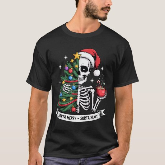 Sorta Merry Sorta Y Santa Skeleton Cocoa Christmas T-shirt (Voorkant)