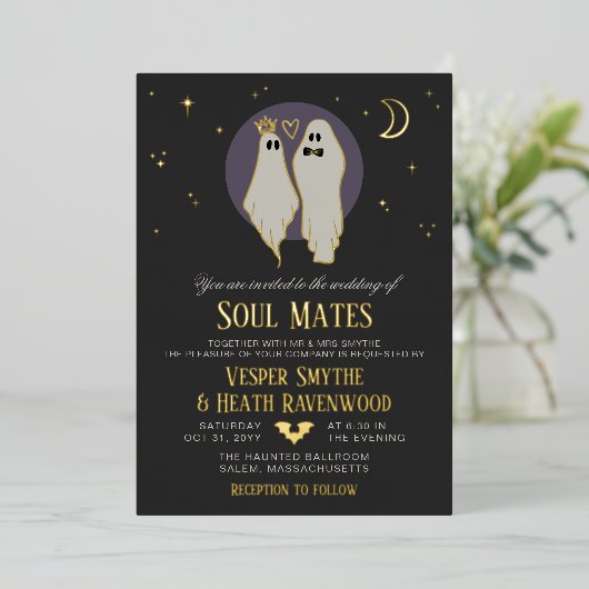 Soul Mates Halloween Haunted Ghost Wedding Folie Uitnodiging (Staand Voorkant)