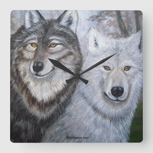 Soul Mates Wolves Wall Clock art van Lori Karels Vierkante Klok (Voorkant)