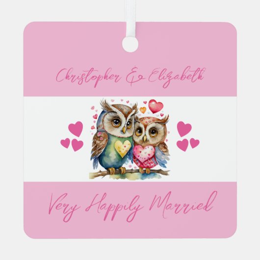 Soulmates schattige uilen gelukkig getrouwd roze metalen ornament (Achterkant)