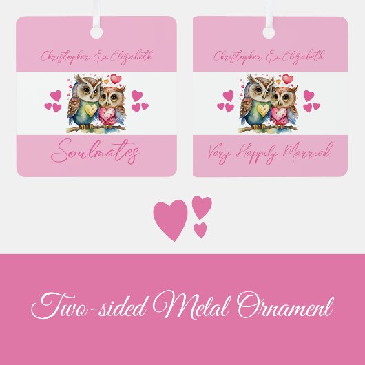 Soulmates schattige uilen gelukkig getrouwd roze metalen ornament