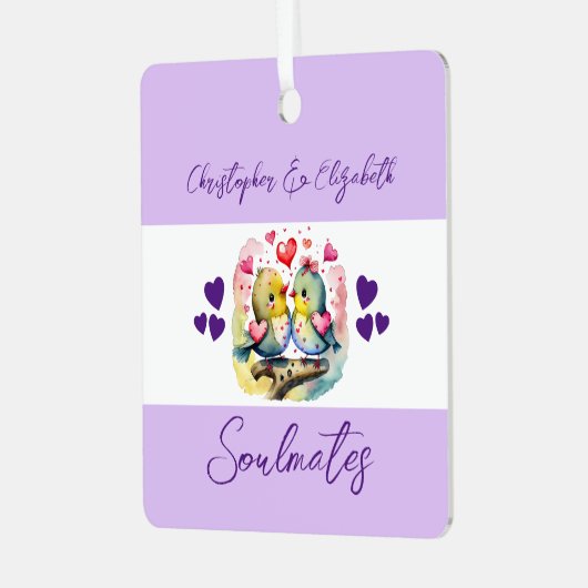 Soulmates schattige vogels gelukkig getrouwd paars metalen ornament (Voorkant links)