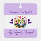 Soulmates schattige vogels gelukkig getrouwd paars metalen ornament (Achterkant)