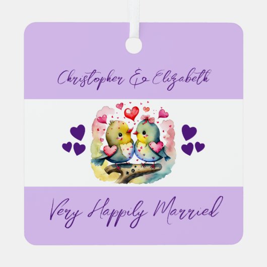 Soulmates schattige vogels gelukkig getrouwd paars metalen ornament (Achterkant)