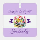 Soulmates schattige vogels gelukkig getrouwd paars metalen ornament (Voorkant)