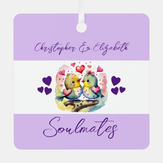 Soulmates schattige vogels gelukkig getrouwd paars metalen ornament (Voorkant)