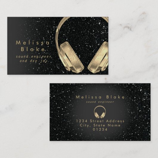 Sound Engineer Dee Jay Faux Black Glitter Visitekaartje (Voorkant / Achterkant)