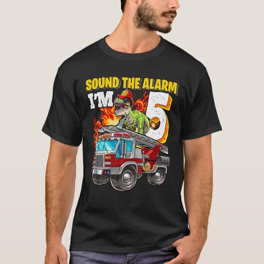 Sound The Alarm I'm 5 Dinosaur Firefighter 5Th Bir T-shirt (Voorkant)