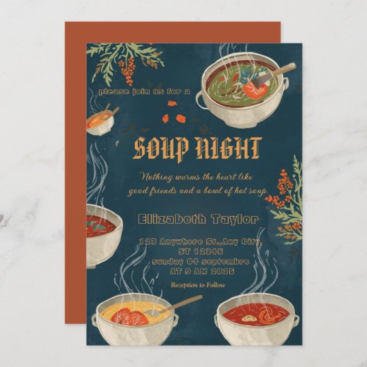 Soup Night Dinner Party Invitations Kaart (Voorkant / Achterkant)