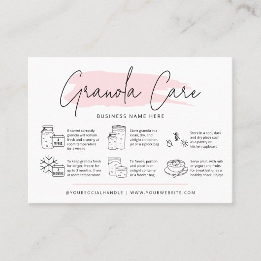 Sourdough Granola Care Kaart Modern Roze Waterverf Visitekaartje (Voorkant)
