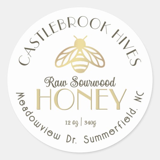 Sourwood Honing Metallic Gold Honeybee Icon Ronde Sticker (Voorkant)