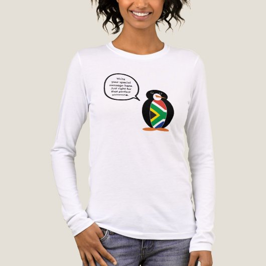 South African Flag Talking Ms. Penguin Personalize Tri-Blend Shirt (Voorkant volledig)