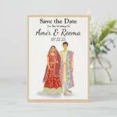 South Asian Illustrated Wedding koppel Save The Date (Staand voorkant)